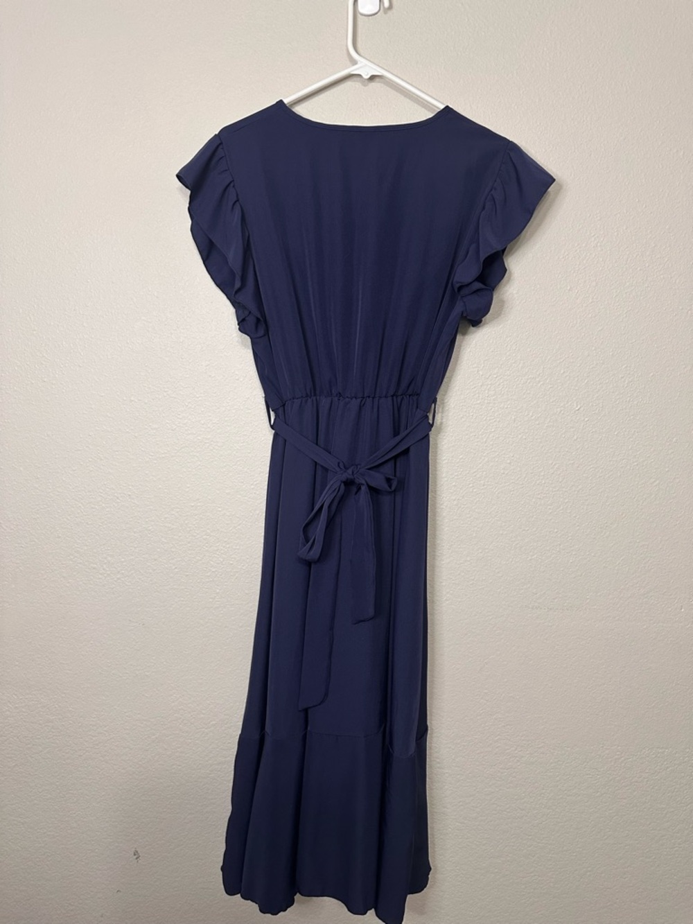 Navy Wrap Midi Dress with Ruffle Sleeves and Ruffle Bottom Hem Size XL - Picture 4 of 5